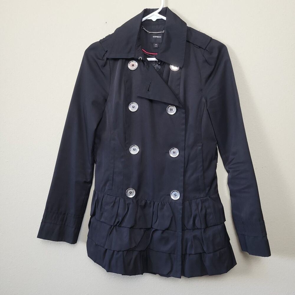 Express‎ Womens Black Long Sleeve Collared Double Breasted Pea Coat Size XS